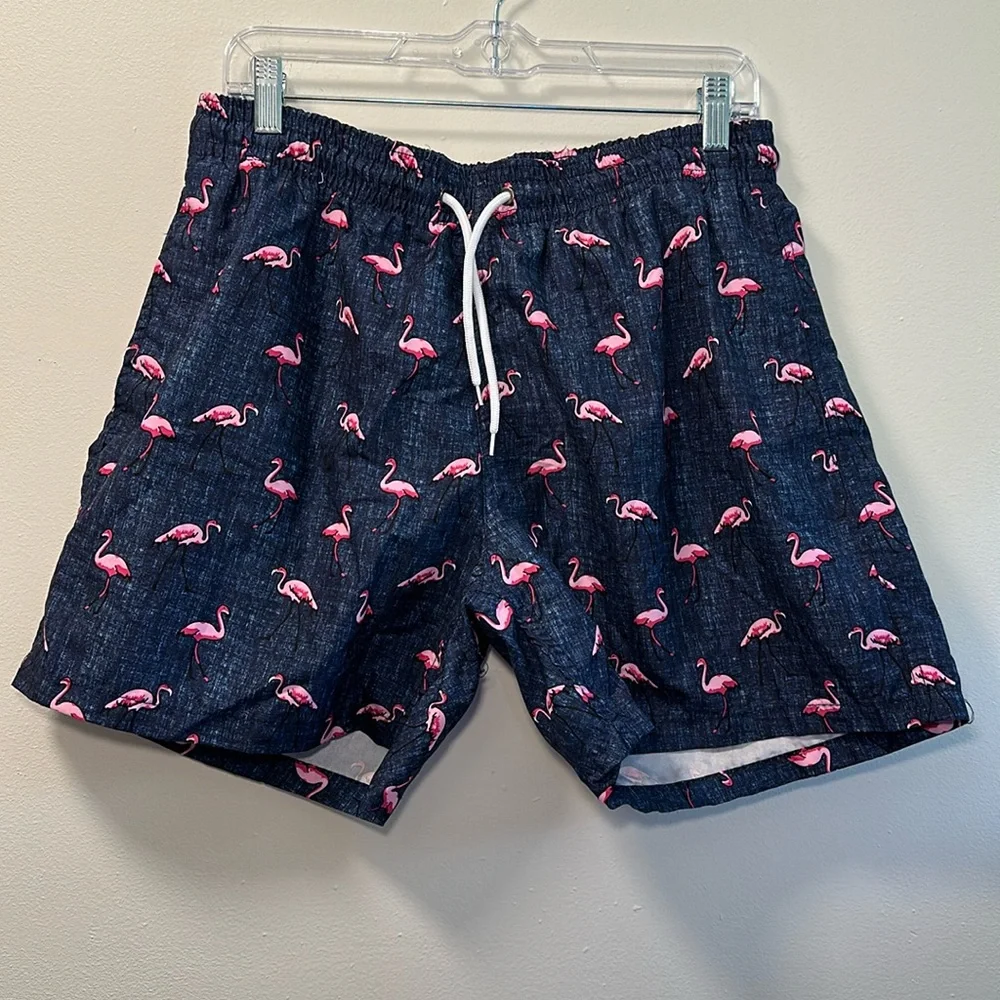 Trunks Surf‎ + Swim Men’s Navy Blue Flamingo Allover Print Swim Shorts Sz XL
